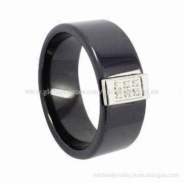 Ceramic Rings with Crystal, Available in Black